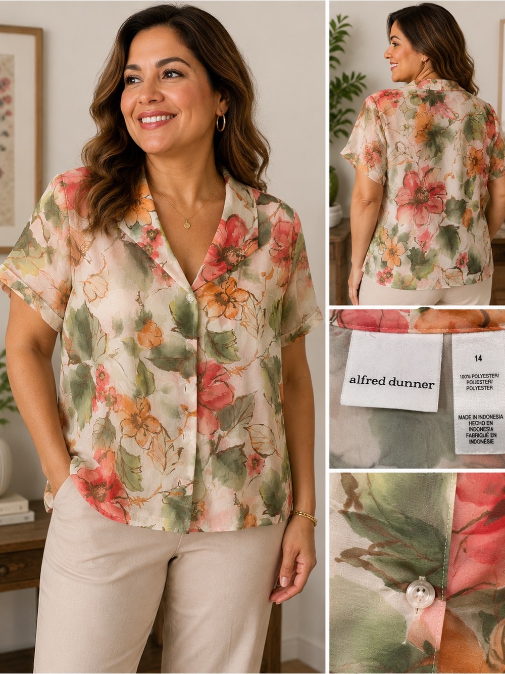 Alfred Dunner Sheer Floral Button Front Blouse Size 14